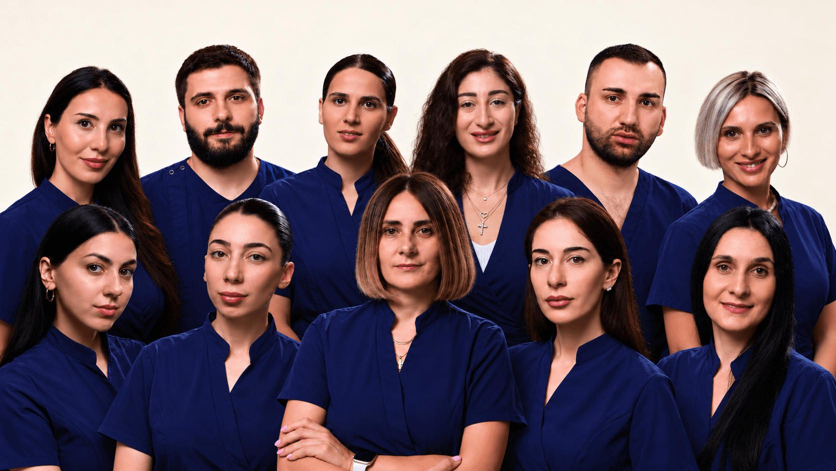Dentor team photomontage: 11 clinicians with Ia Osadze in the centre